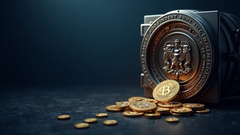 Photorealistic US government seal beside a vault with Bitcoin and Ethereum flowing into Coinbase Prime.