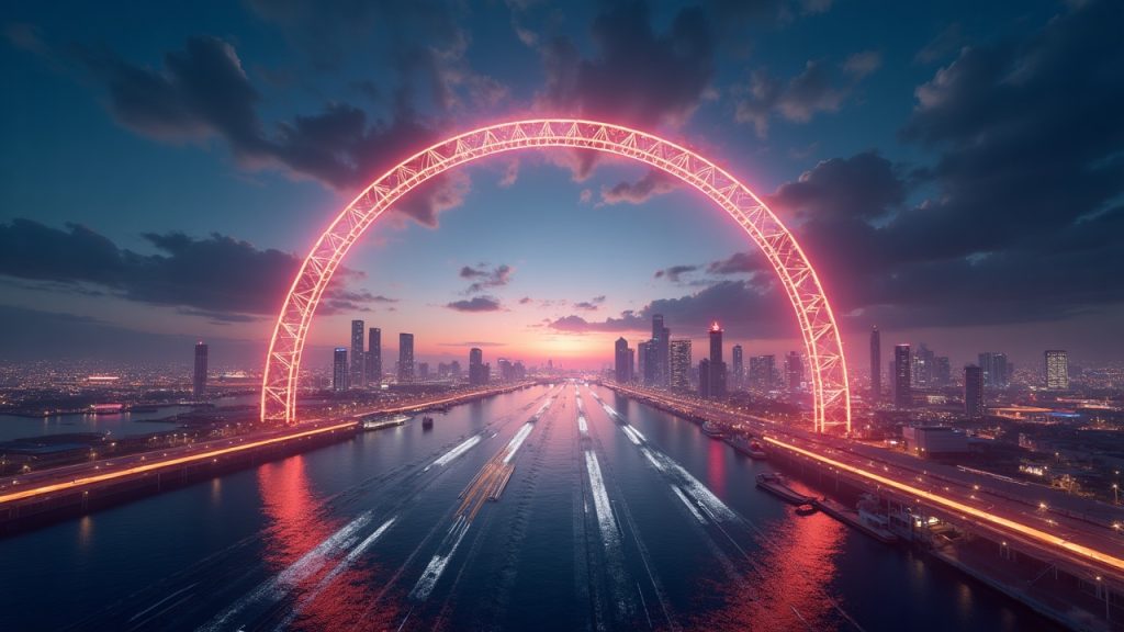 Realistic render of Aerodrome liquidity entering Arc mainnet via a glowing arc linking institutions to on-chain markets.