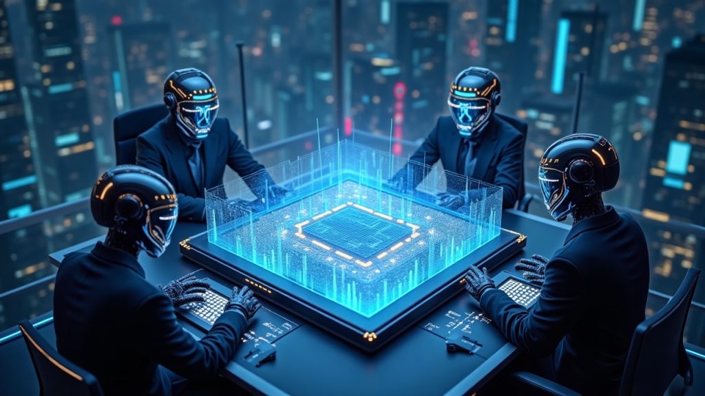 Photorealistic crypto trading scene with a sleek terminal and holographic AI agents linked to a decentralized platform
