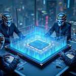 Photorealistic crypto trading scene with a sleek terminal and holographic AI agents linked to a decentralized platform
