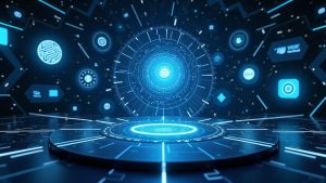 Photorealistic autonomous payment agent coordinating cross-border payments with Visa, Mastercard, Circle, Solana logos.