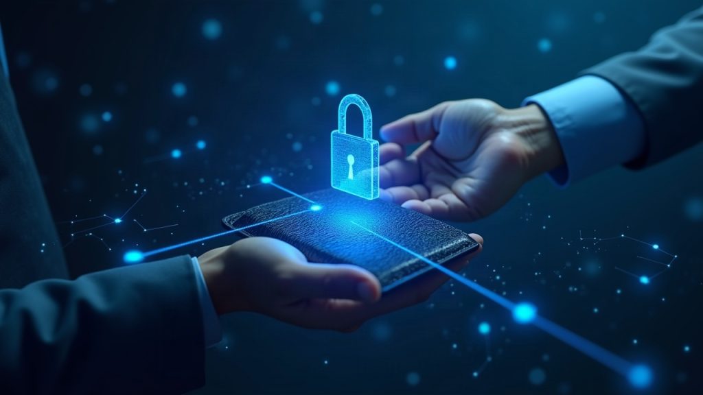 Photorealistic wallet connected to an AI agent via encrypted link, with a padlock and Algorand blue glow.