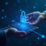 Photorealistic wallet connected to an AI agent via encrypted link, with a padlock and Algorand blue glow.