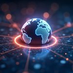 Glowing arc network links financial icons around a digital globe, with USDC nodes, signaling Arc mainnet launch and BUIDL integration.