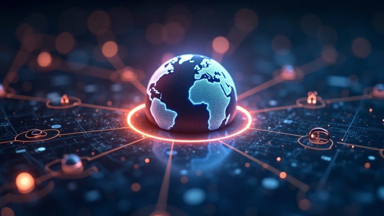 Glowing arc network links financial icons around a digital globe, with USDC nodes, signaling Arc mainnet launch and BUIDL integration.