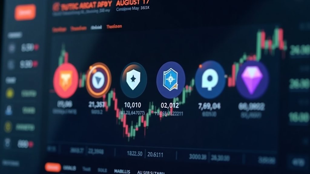 Photorealistic crypto trading screen showing six token icons fading toward an August 17 countdown, signaling delisting.