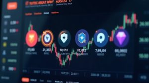 Photorealistic crypto trading screen showing six token icons fading toward an August 17 countdown, signaling delisting.