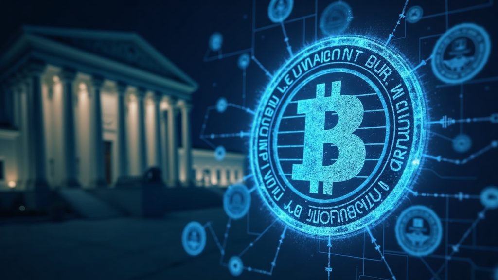 US courthouse silhouette with a glowing blockchain ledger, frozen stamp, and Bybit branding signaling crypto asset seizure.