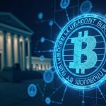 US courthouse silhouette with a glowing blockchain ledger, frozen stamp, and Bybit branding signaling crypto asset seizure.