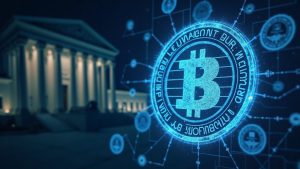 US courthouse silhouette with a glowing blockchain ledger, frozen stamp, and Bybit branding signaling crypto asset seizure.