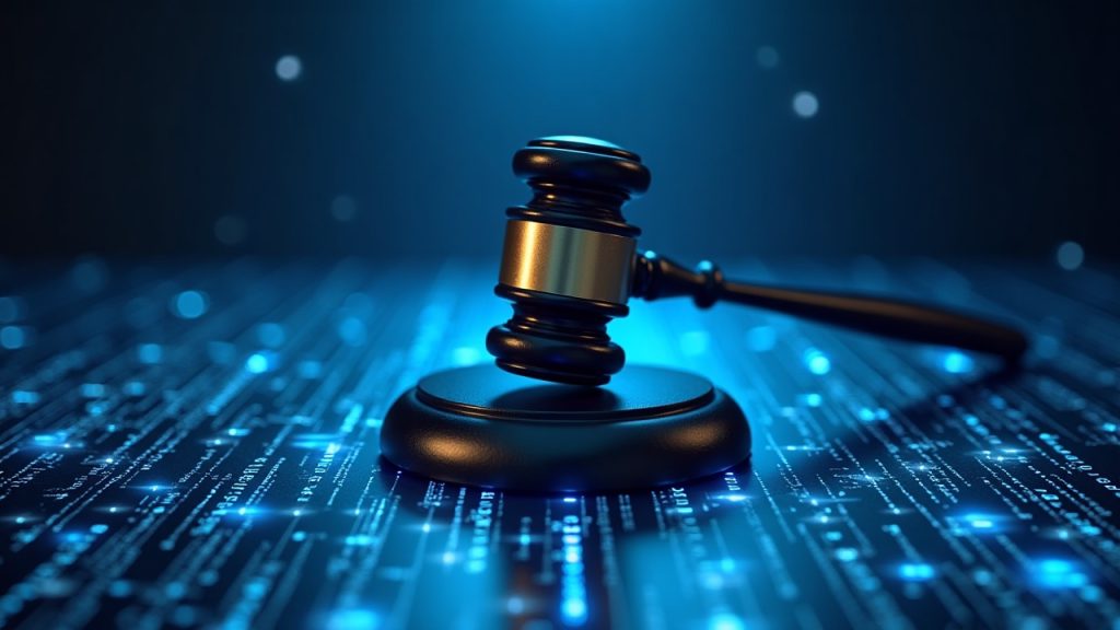 Courthouse scene with a glowing blockchain ledger, a central gavel, Bybit logo, and NK/Lazarus icons in blue lighting.
