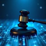Courthouse scene with a glowing blockchain ledger, a central gavel, Bybit logo, and NK/Lazarus icons in blue lighting.