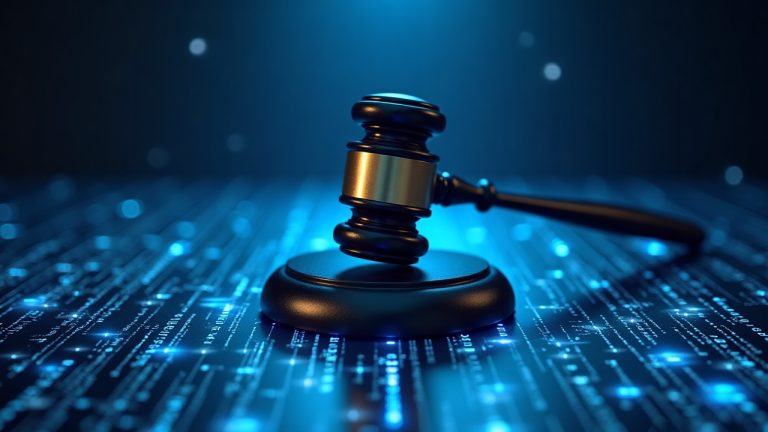 Courthouse scene with a glowing blockchain ledger, a central gavel, Bybit logo, and NK/Lazarus icons in blue lighting.