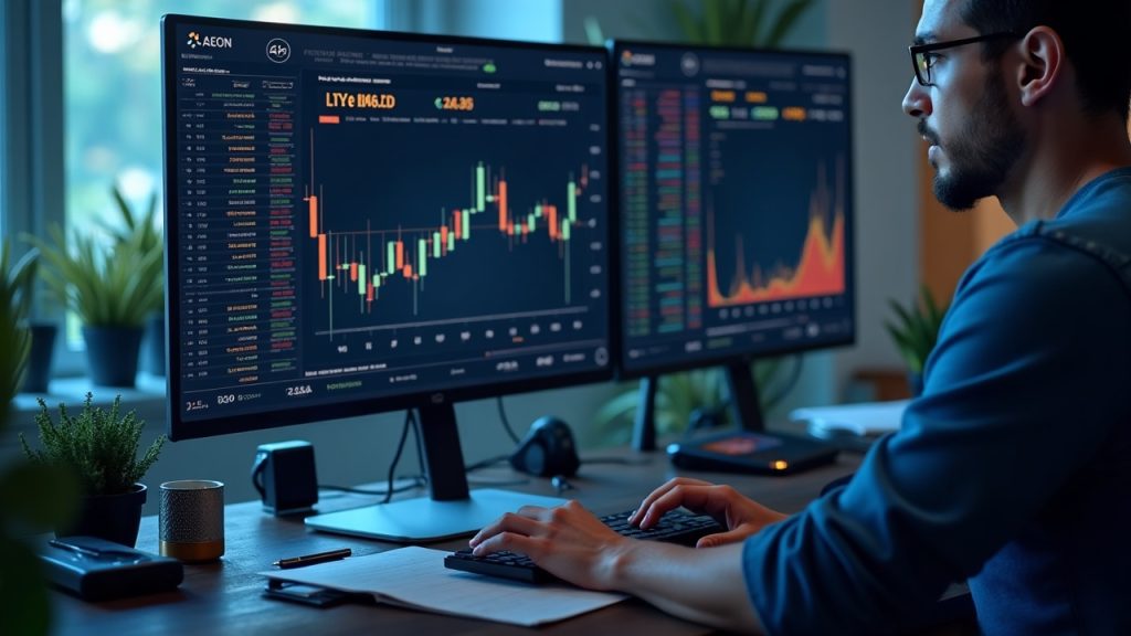 A photorealistic crypto trading desk with a central board showing AEON, LYTE, NCLD, VST and NESA tokens and 25x leverage