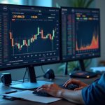 A photorealistic crypto trading desk with a central board showing AEON, LYTE, NCLD, VST and NESA tokens and 25x leverage