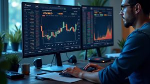 A photorealistic crypto trading desk with a central board showing AEON, LYTE, NCLD, VST and NESA tokens and 25x leverage