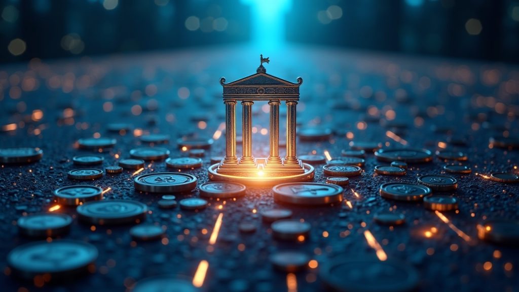 Photorealistic Bybit logo with coins and blockchain lines toward a courthouse, signaling fund recovery and NK action.
