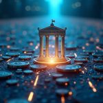 Photorealistic Bybit logo with coins and blockchain lines toward a courthouse, signaling fund recovery and NK action.