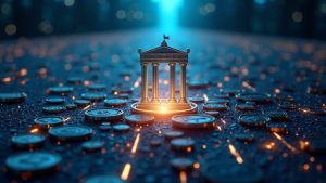 Photorealistic Bybit logo with coins and blockchain lines toward a courthouse, signaling fund recovery and NK action.