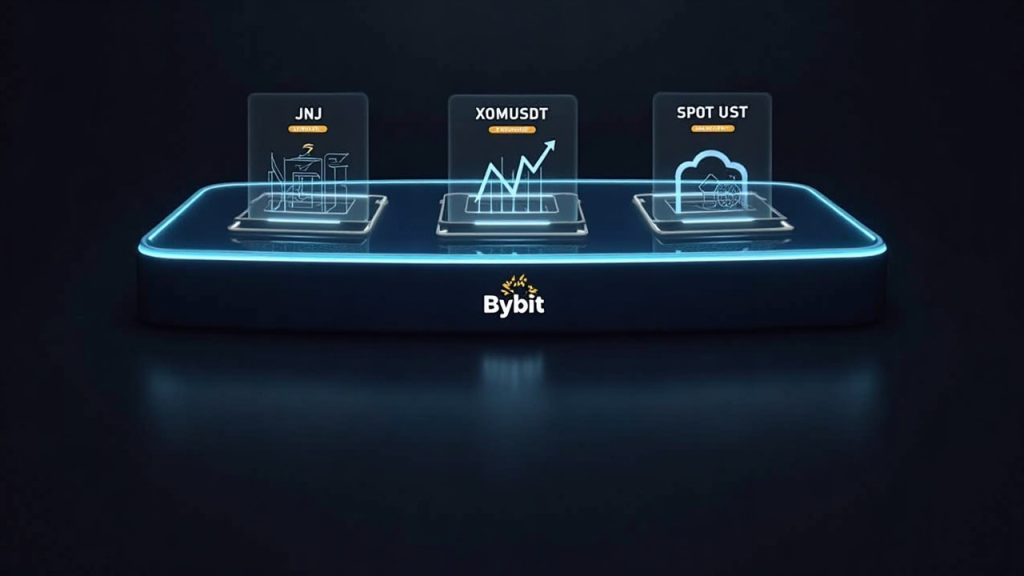 Sleek trading desk with holographic tickers for JNJUSDT, XOMUSDT, SPOTUSDT, and Bybit branding.