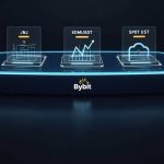 Sleek trading desk with holographic tickers for JNJUSDT, XOMUSDT, SPOTUSDT, and Bybit branding.