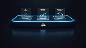 Sleek trading desk with holographic tickers for JNJUSDT, XOMUSDT, SPOTUSDT, and Bybit branding.