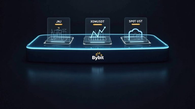 Sleek trading desk with holographic tickers for JNJUSDT, XOMUSDT, SPOTUSDT, and Bybit branding.