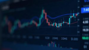 Photorealistic center shot of a trading dashboard displaying a US500 index chart with Coinbase branding and regulatory imagery.