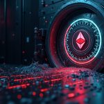 Photorealistic digital vault drained by data streams from Ethereum and TRON toward a Monero icon with a red warning HUD.