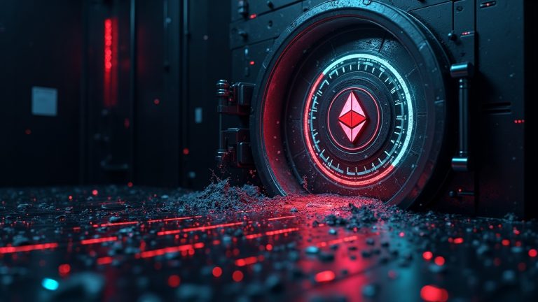 Photorealistic digital vault drained by data streams from Ethereum and TRON toward a Monero icon with a red warning HUD.