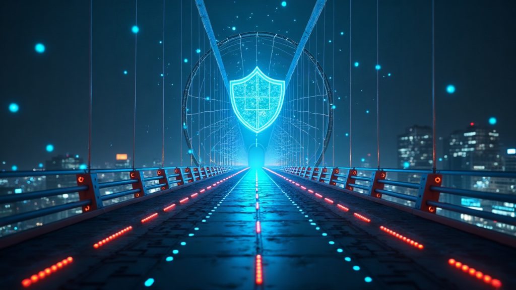 Photorealistic crypto bridge under maintenance with a digital shield, signaling a security investigation.