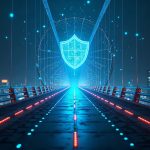 Photorealistic crypto bridge under maintenance with a digital shield, signaling a security investigation.