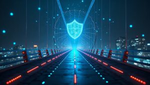 Photorealistic crypto bridge under maintenance with a digital shield, signaling a security investigation.