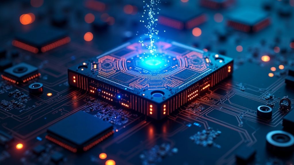 Hyperreal GPU rack connected to a glowing decentralized network with AI circuits, illustrating DeepSeek V4 Flash on AkashML.