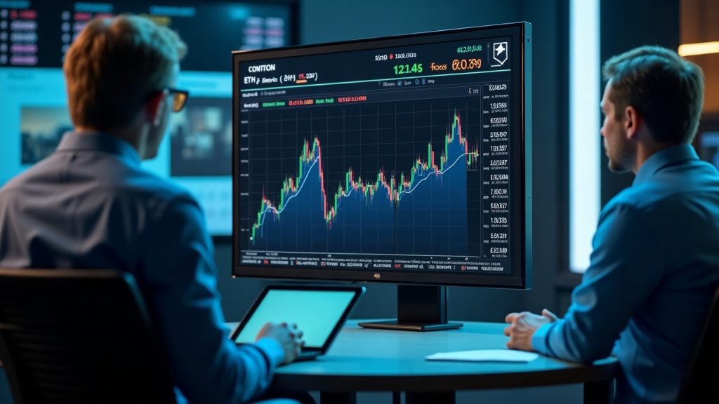 Photorealistic newsroom scene with BTC/ETH option open interest, max pain, and put/call ratios for Aug 15, Deribit branding.