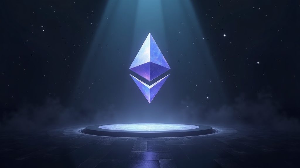 Photorealistic Ethereum beacon on stage with a tapering burn curve toward 60.25M ETH and validator silhouettes.