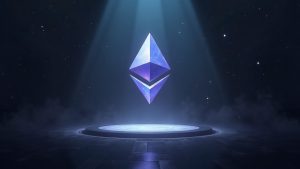 Photorealistic Ethereum beacon on stage with a tapering burn curve toward 60.25M ETH and validator silhouettes.
