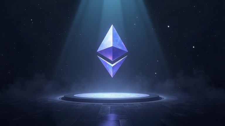 Photorealistic Ethereum beacon on stage with a tapering burn curve toward 60.25M ETH and validator silhouettes.