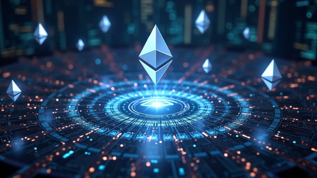 Futuristic Ethereum hub featuring FOCIL shard for Hegota upgrade, with floating EIP icons and privacy aura.