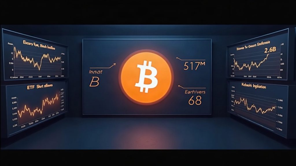 Photorealistic crypto newsroom header: BTC symbol, Fear & Greed Index 62, with ETF inflows and short liquidations charts.