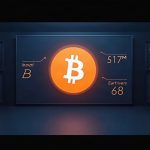 Photorealistic crypto newsroom header: BTC symbol, Fear & Greed Index 62, with ETF inflows and short liquidations charts.