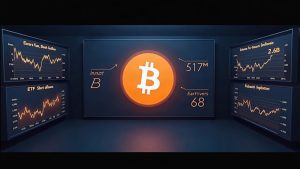 Photorealistic crypto newsroom header: BTC symbol, Fear & Greed Index 62, with ETF inflows and short liquidations charts.