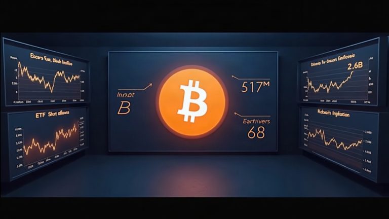 Photorealistic crypto newsroom header: BTC symbol, Fear & Greed Index 62, with ETF inflows and short liquidations charts.