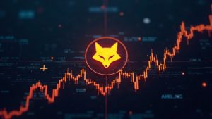 Photorealistic fox emblem, glowing code lines, and a manipulated DeFi price graph over a stake contract on BSC.