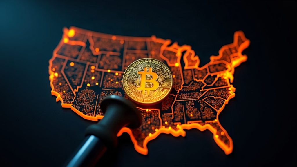 Photorealistic glowing stablecoin at center with courtroom lighting and US-map circuitry symbolizing GENIUS Act regulation.