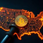 Photorealistic glowing stablecoin at center with courtroom lighting and US-map circuitry symbolizing GENIUS Act regulation.