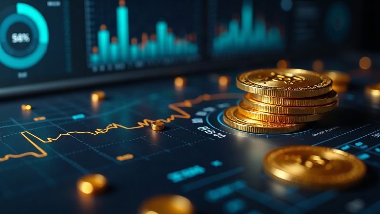 Photorealistic crypto newsroom scene with a dashboard showing gold-backed token volume concentrated on Uniswap and PancakeSwap.