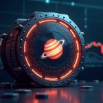 Photorealistic vault centered in a DeFi scene with blockchain circuitry, trading charts in the background, and a glowing Jupiter logo.