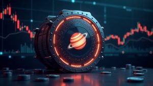 Photorealistic vault centered in a DeFi scene with blockchain circuitry, trading charts in the background, and a glowing Jupiter logo.