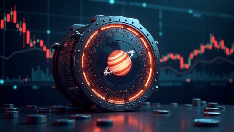 Photorealistic vault centered in a DeFi scene with blockchain circuitry, trading charts in the background, and a glowing Jupiter logo.